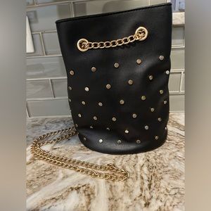 Black Faux Leather Handbag with Gold-tone Nailheads